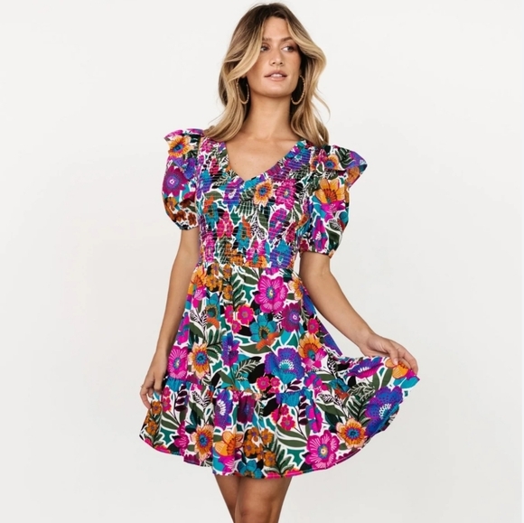 Baltic Born Kyrie Puff Sleeve Floral Print Dress Ruffle Shoulder Vibrant Boho XL - Picture 2 of 15